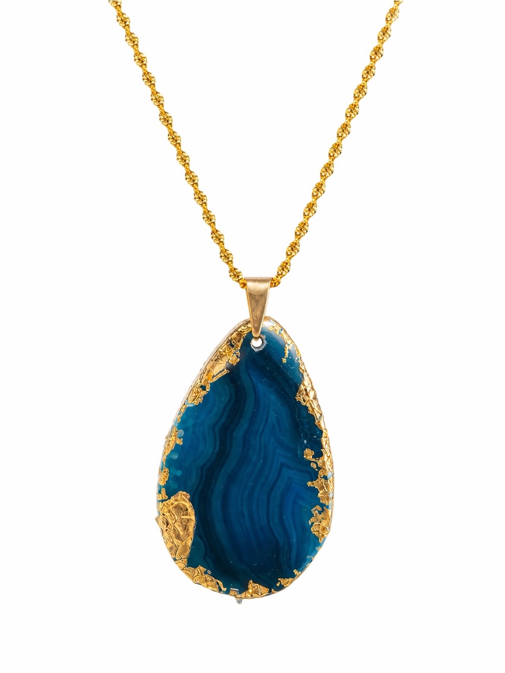 Handmade Blue Agate Pendant Necklace Gold Plated 45cm Statement Jewelry - Picture 7 of 8